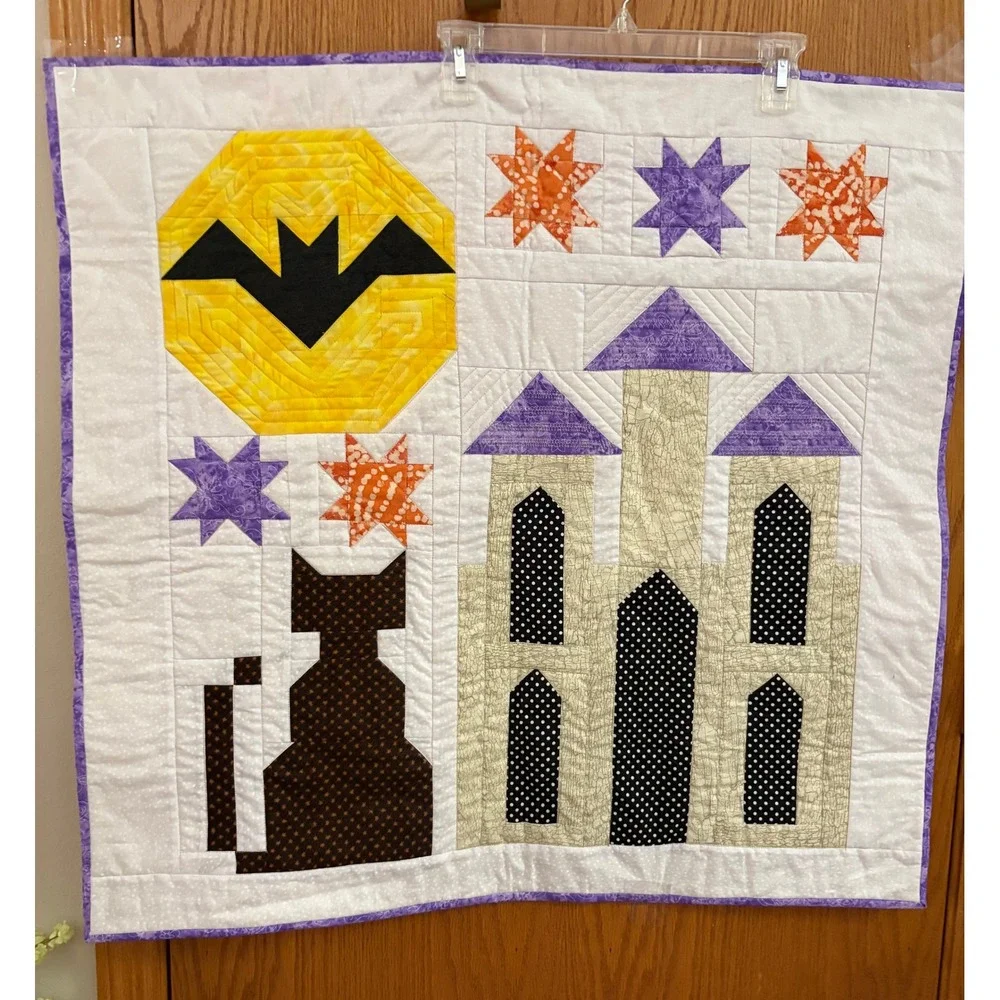 Handmade Halloween Quilt Wall Hanging Bat Moon Castle Cat Raven Script Fabric